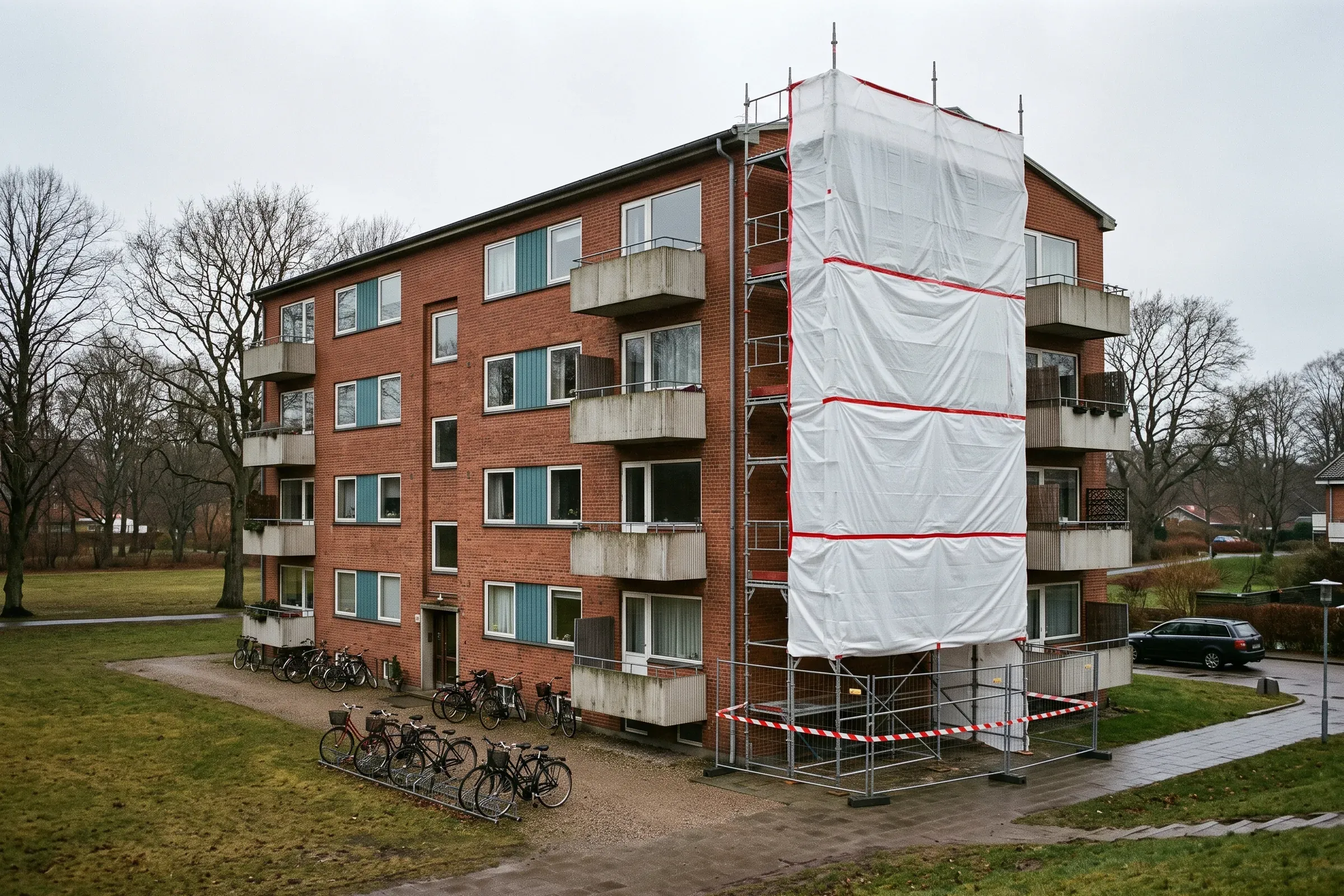 Etageejendom med stillads og afdækning under asbestsanering af taget