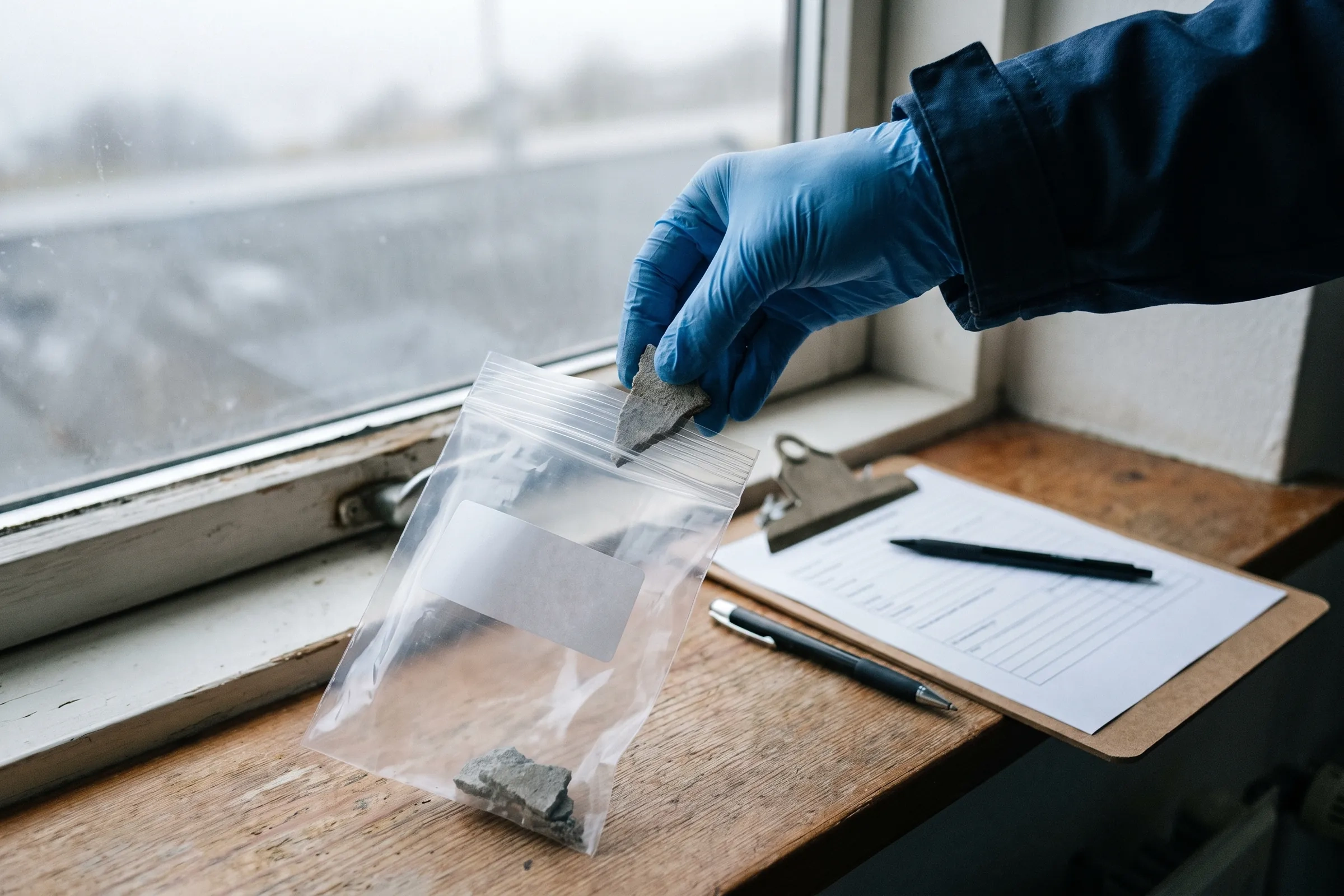 Prøvetagning af asbestholdigt byggemateriale med værnemidler og forseglet prøvepose